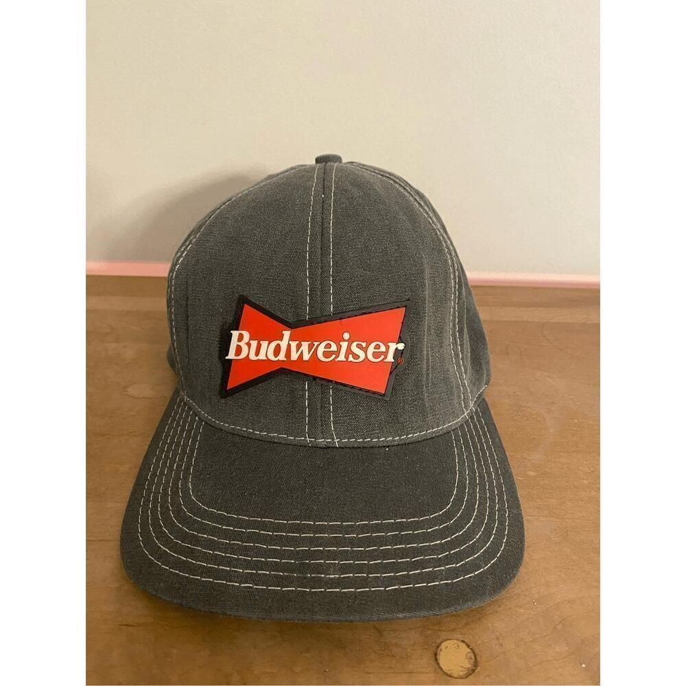 Budweiser Vintage 90s Beer Canvas Cap Gray USA Made OS Rubber Patch Strap back